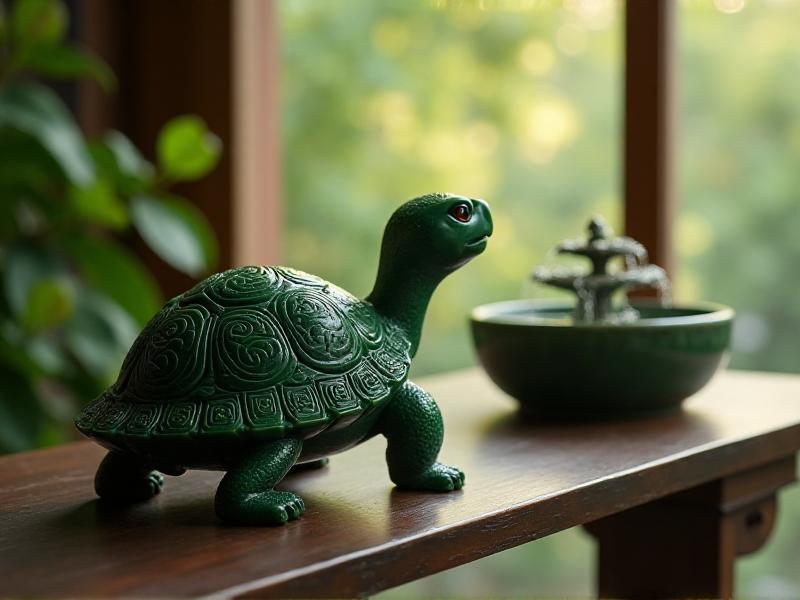 A serene tortoise statue made of dark green jade, placed on a wooden table near a small indoor fountain. The tortoise's shell is intricately carved, and its head is raised as if gazing forward with wisdom and determination. The sound of flowing water adds to the peaceful and stable atmosphere.