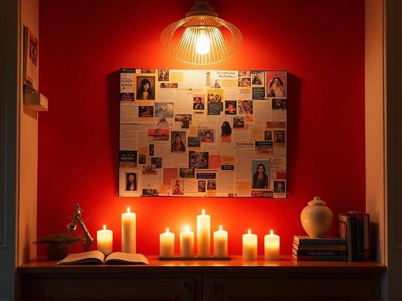 A vibrant and energetic Fame area in a home, featuring a red accent wall adorned with a vision board filled with inspirational quotes and images. A cluster of candles in various sizes sits on a wooden shelf, casting a warm glow. The space is illuminated by a modern chandelier, creating a dynamic and motivating environment.