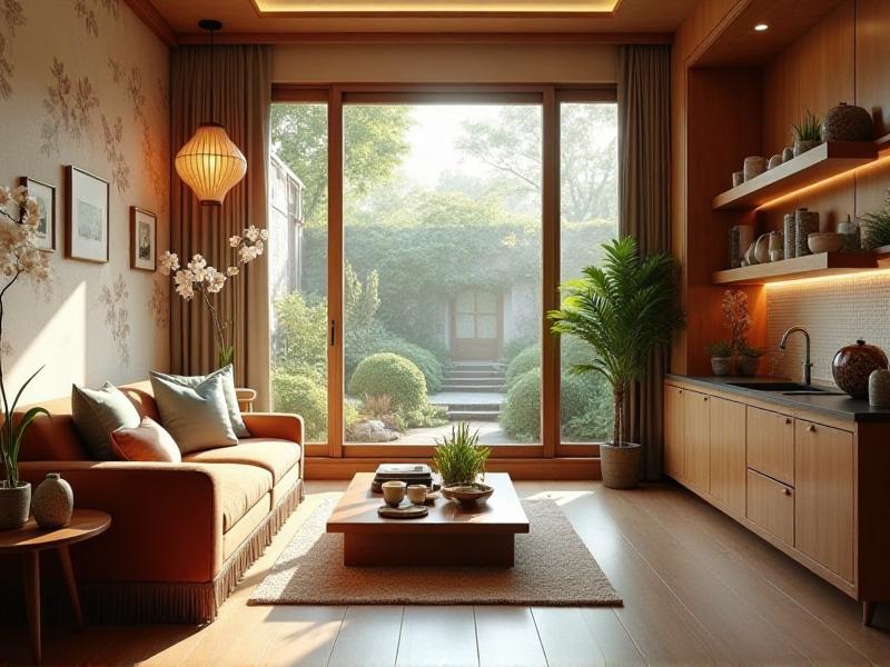 A beautifully balanced home interior with a mix of natural materials, soft colors, and thoughtful decor, showcasing the principles of Feng Shui in action, creating a warm and inviting atmosphere.