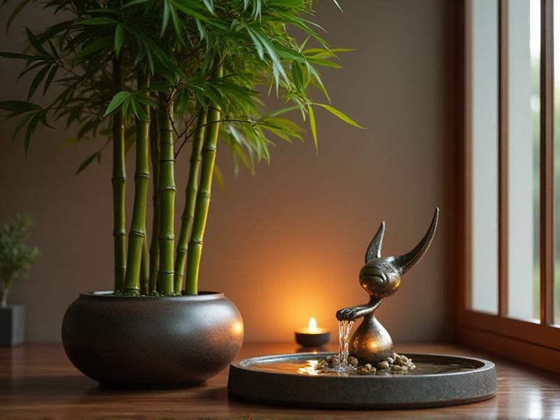 A beautifully arranged Feng Shui corner featuring a tall bamboo plant in a ceramic pot (wood and earth), a small tabletop fountain (water), and a metal sculpture (metal). The setting is illuminated by soft candlelight (fire), creating a balanced and serene atmosphere.