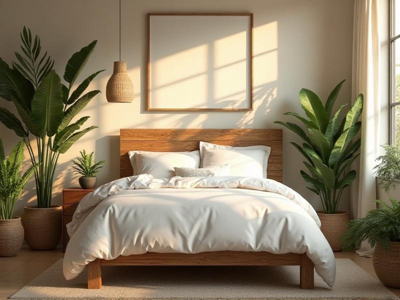 A tranquil bedroom with a wooden bed frame, soft white bedding, and a few green plants. The room is bathed in soft, warm light, creating a cozy and restful atmosphere perfect for relaxation.