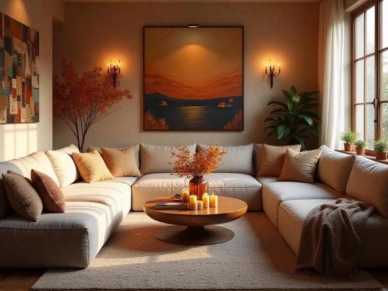 A cozy living room with comfortable seating arranged in a circular formation, a warm color palette, and a few carefully chosen decor items. The space feels inviting and harmonious, with a sense of connection and relaxation.