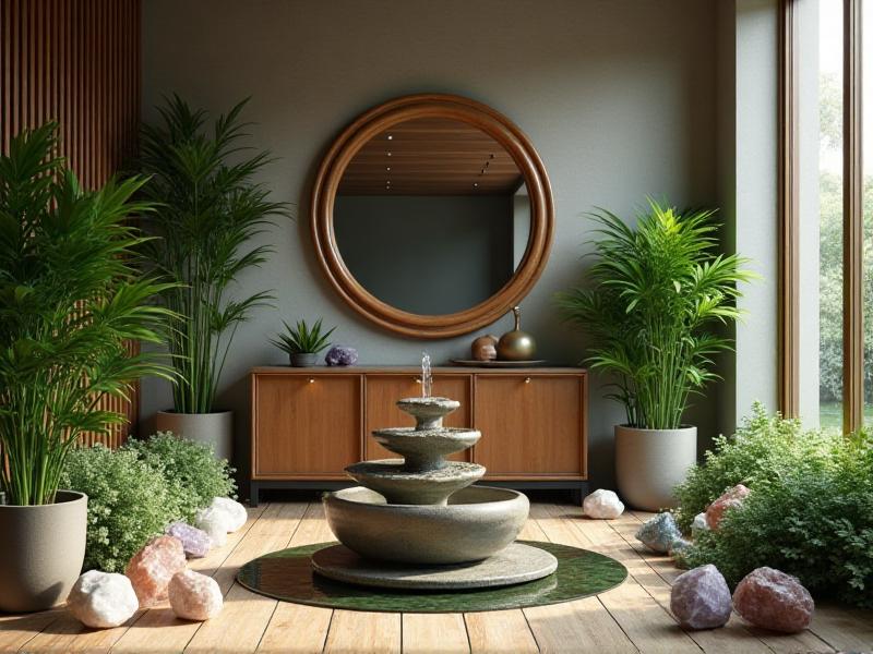 A beautifully arranged Feng Shui space featuring a small indoor fountain, lush green plants, a mirror, and a variety of crystals. The room is bathed in soft, natural light, creating a serene and balanced atmosphere. The image highlights the synergy between crystals and other Feng Shui elements in creating a harmonious environment.