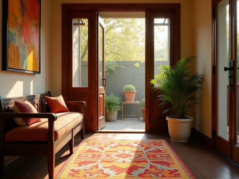 A cozy and inviting entryway with a wooden bench, a potted plant, and a vibrant doormat. The space is well-lit with natural light streaming through a nearby window, creating a warm and welcoming atmosphere. The walls are adorned with a piece of abstract art, adding a touch of personality and positivity.