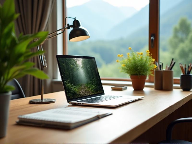 A clean and organized desk with a laptop, a notebook, and a small potted plant. The desk is free of clutter, with only essential items neatly arranged. Natural light streams through a nearby window, creating a bright and inviting workspace.