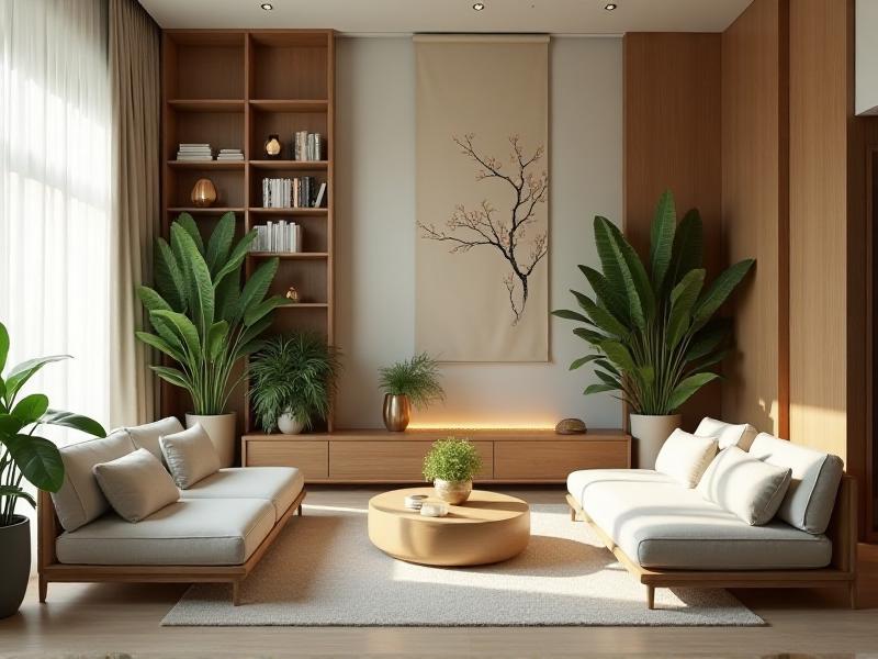 A serene living room with soft natural light, featuring a minimalist design with wooden furniture, a flowing water fountain, and green plants arranged to promote energy flow. The room has a calming atmosphere with neutral tones and a balanced layout.