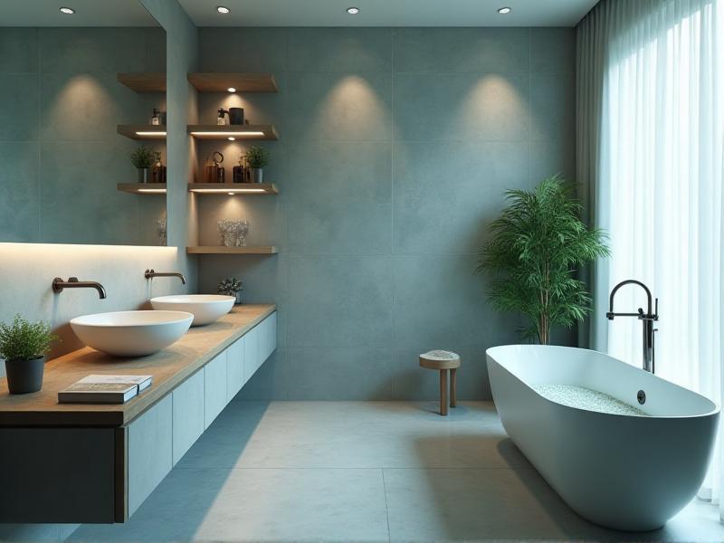 A clean and serene bathroom with soft lighting, calming blue tones, and natural materials. A small plant and a bowl of sea salt add a touch of nature, creating a peaceful and harmonious atmosphere.