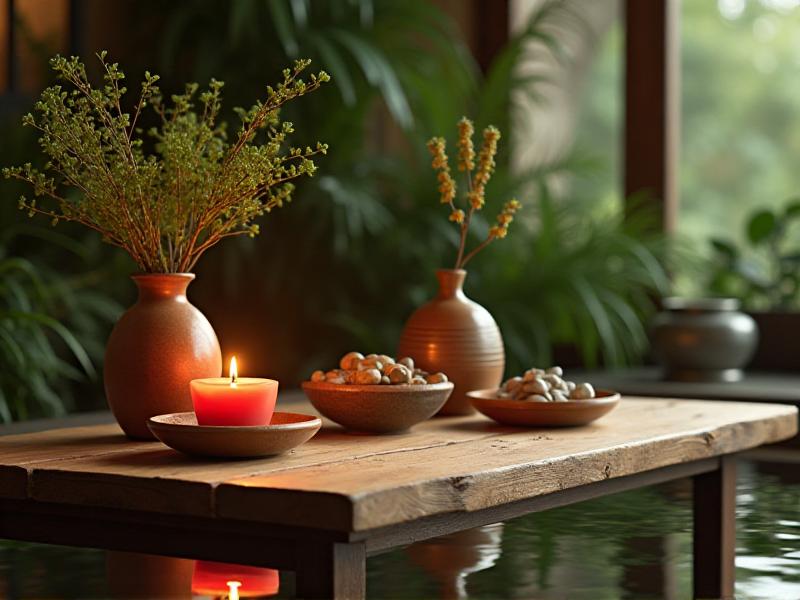 A beautifully arranged room showcasing the five Feng Shui elements: a wooden table with green plants (Wood), a red candle (Fire), a ceramic vase with earth-toned decor (Earth), a metallic sculpture (Metal), and a small indoor fountain (Water). The room is balanced and inviting, with each element complementing the others.