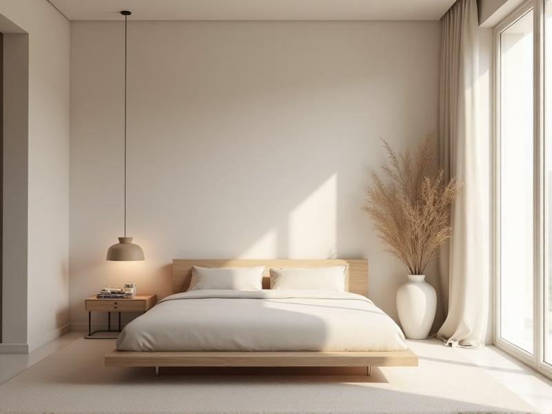 A minimalist bedroom with a bed placed in the command position, facing the door but not directly in line with it. The room features clean lines, open space, and a neutral color scheme, promoting a sense of calm and balance.