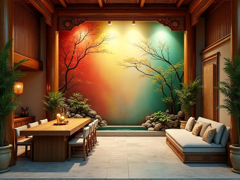 A vibrant color palette inspired by Feng Shui principles, featuring shades of green, red, yellow, blue, and white arranged in a gradient. The colors are displayed alongside natural materials like wood and stone, illustrating how they can be used in modern interior design.