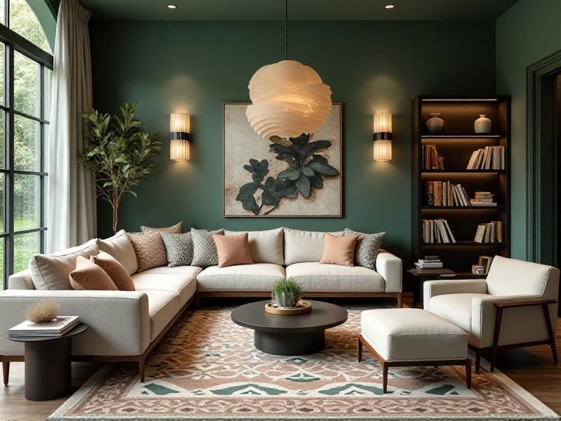 A balanced living room with a soft, neutral-colored sofa and a bold, geometric-patterned rug. The room features a mix of soft lighting and bright accents, with a large window letting in natural light. The space is both calming and energizing, embodying the balance of yin and yang energies.