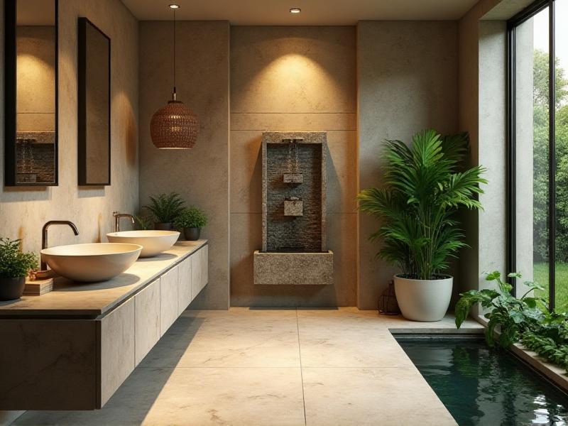 A serene bathroom designed with Feng Shui principles, featuring stone tiles, a small indoor fountain, lush green plants, and soft lighting to balance the water element and create a calming atmosphere.