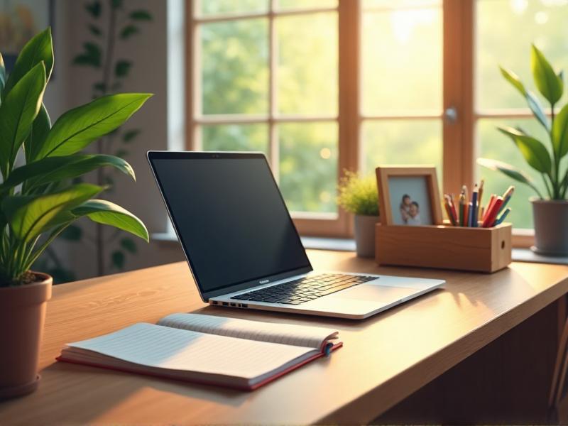 A tidy desk with a laptop, a notebook, and a small potted plant. A wooden organizer holds pens and papers, and a framed photo adds a personal touch. The workspace feels functional and inviting, with plenty of natural light.