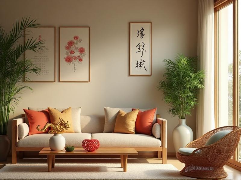 A serene living room decorated with traditional Feng Shui symbols, including a golden dragon statue, a bamboo plant, and a red Chinese knot. The room is bathed in soft natural light, creating a peaceful and harmonious atmosphere.