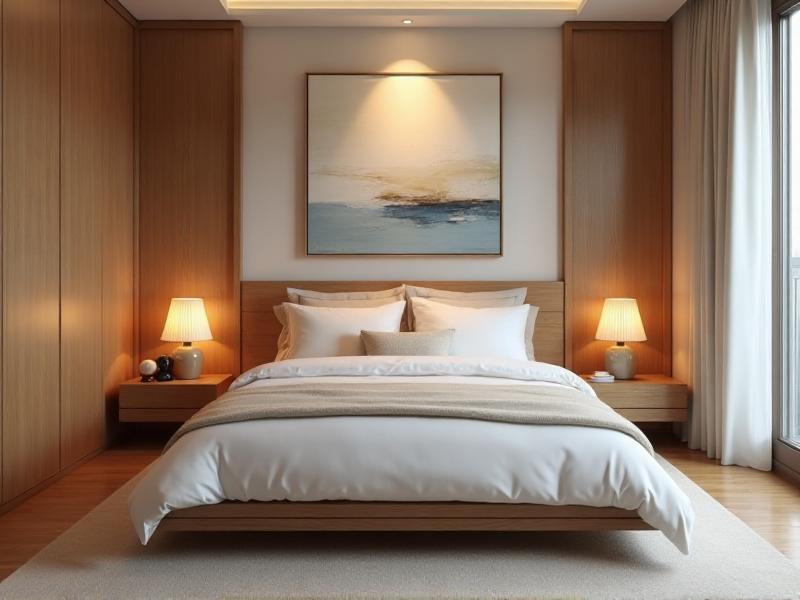 A tranquil bedroom designed with Feng Shui principles, featuring a centrally placed bed with a solid headboard, soft lighting, and calming colors like light blue and beige. The room includes minimal decor, such as a pair of nightstands with matching lamps and a piece of artwork above the bed, creating a balanced and peaceful atmosphere.