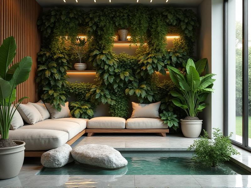 A small, elegant indoor water feature with smooth stones and gently flowing water, placed in a corner of a modern living room. The surrounding decor includes lush green plants and natural wood furniture, creating a serene and harmonious atmosphere.