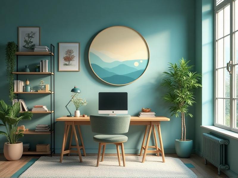 A color palette showcasing Feng Shui-inspired hues: soft blues, greens, reds, and neutrals. The colors are arranged in a gradient, illustrating how they can be combined to create a harmonious and energizing workspace.