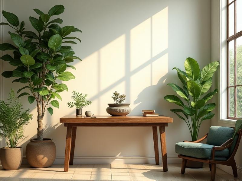 A study room filled with natural elements, including potted plants, a wooden desk, and a small tabletop fountain. The room is bathed in natural light, creating a serene and rejuvenating atmosphere. The combination of greenery and natural materials promotes a sense of calm and focus.