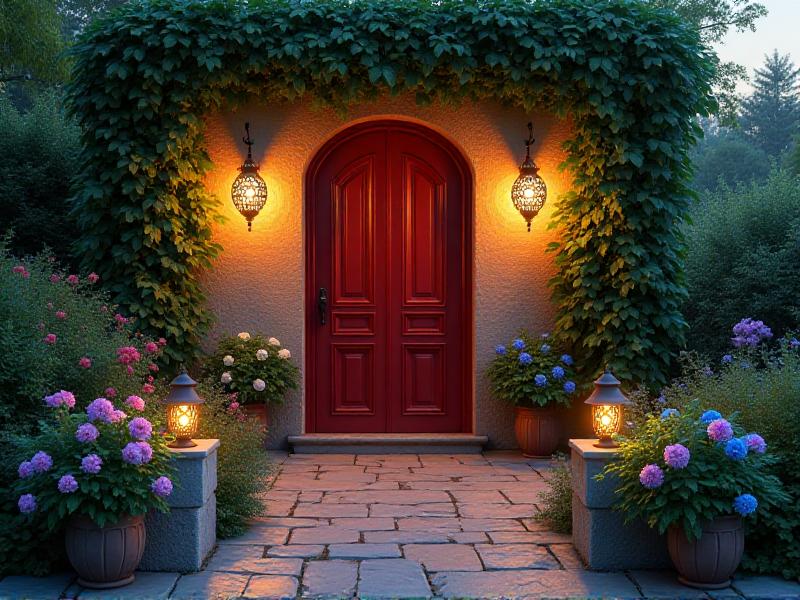 A charming front entrance with a red wooden door, flanked by potted plants and a decorative lantern. A stone pathway leads to the door, lined with soft lighting and surrounded by lush greenery, creating a warm and inviting atmosphere under the evening sky.