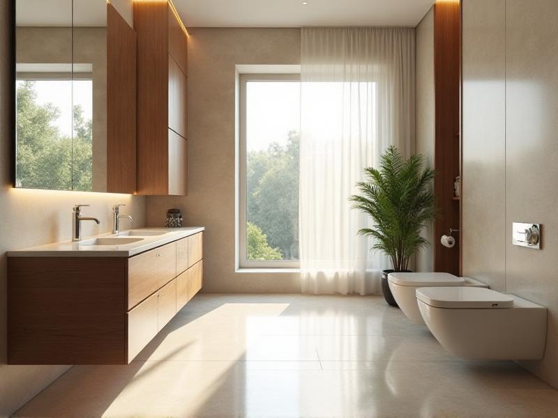 A modern bathroom with a clean, minimalist design, featuring a large mirror reflecting natural light from a nearby window. The room includes natural stone tiles, wooden accents, and a small potted plant, creating a serene and calming environment.