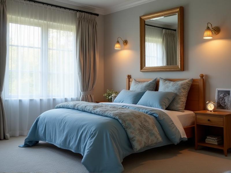 A tranquil bedroom with a bed positioned in the command position, soft blue bedding, and natural wood furniture. The room is illuminated by warm, dim lighting, creating a peaceful and restful atmosphere.