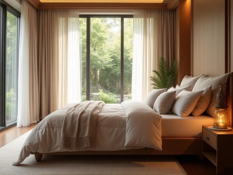 A bedroom with a bed positioned in the command position, featuring a solid headboard, soft bedding, and a view of the door, illustrating optimal Feng Shui bed placement.