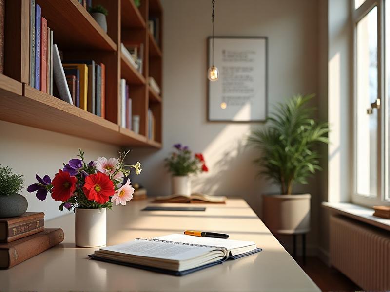 A well-maintained study space with a clean desk, organized shelves, and fresh flowers on the table. The room is bright and airy, with natural light streaming in through the windows. The space feels vibrant and full of positive energy, promoting long-term focus and creativity.