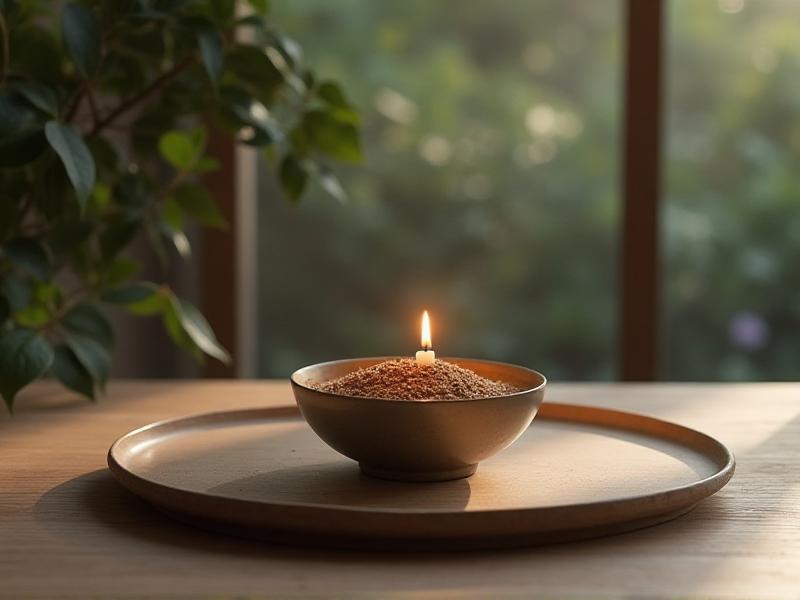 A balanced Feng Shui arrangement featuring the five elements: a wooden table, a lit candle, a ceramic vase filled with earth, a metal bowl, and a small water fountain. The elements are arranged in a circular pattern, symbolizing harmony and interconnectedness. The lighting is soft and natural, creating a serene and balanced atmosphere. The overall mood is one of unity and equilibrium, emphasizing the importance of balancing the elements in your space.