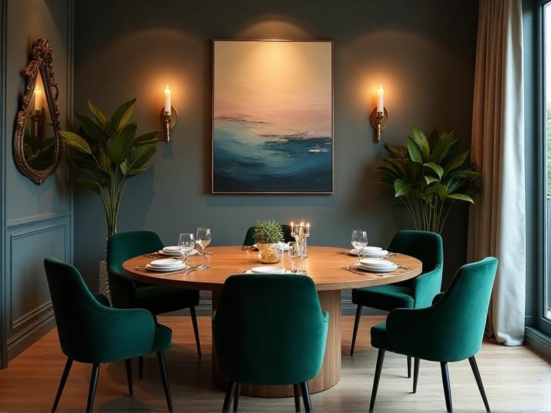 A cozy dining room designed with Feng Shui principles, featuring a round table with chairs arranged in a circular formation. The room is decorated with pairs of candles and artwork, promoting a sense of togetherness and harmony among family members.