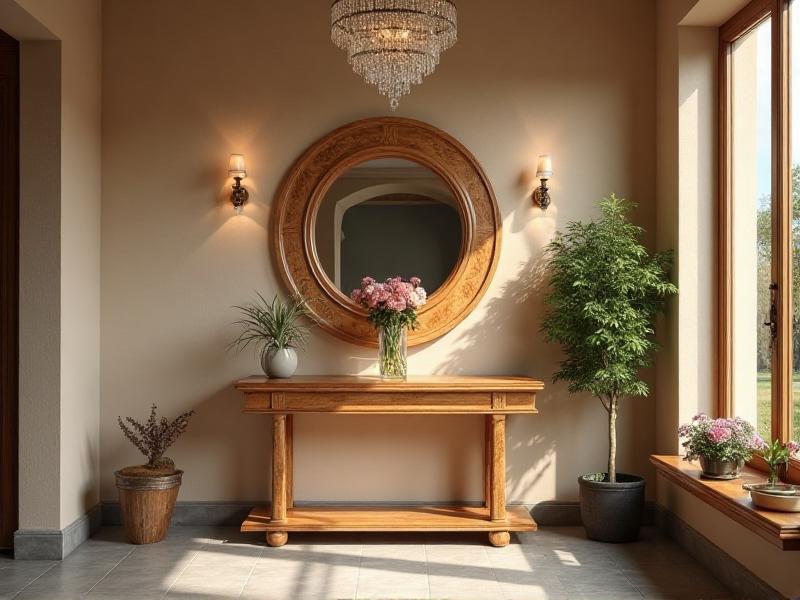 A bright and inviting entryway with a wooden console table, a round mirror, and a vase of fresh flowers. The space is illuminated by natural light streaming through a nearby window, creating a warm and welcoming atmosphere.