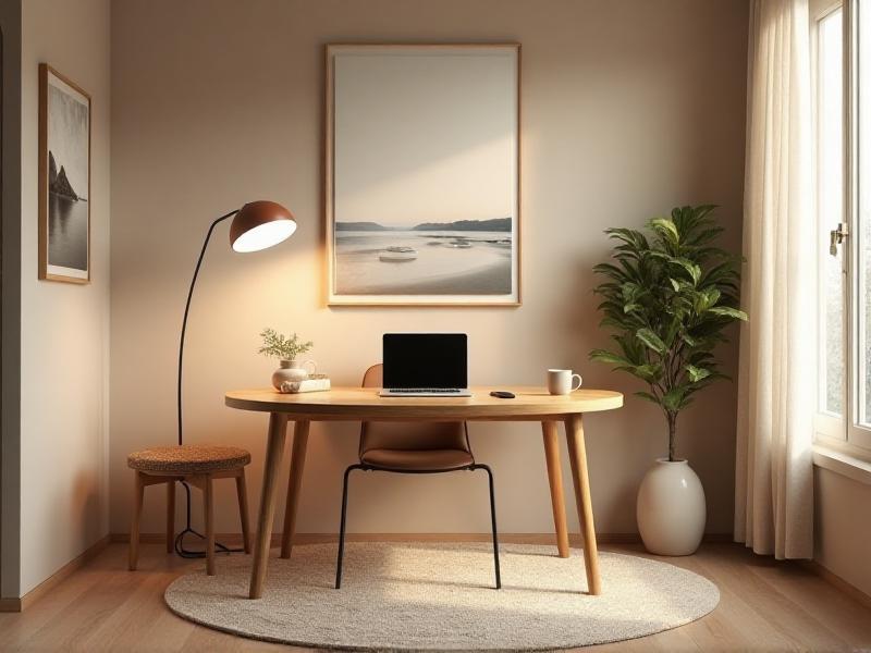 A well-organized home office with a round wooden desk placed in the command position, facing the door, surrounded by soft lighting and minimal clutter, promoting a smooth flow of positive energy and abundance.