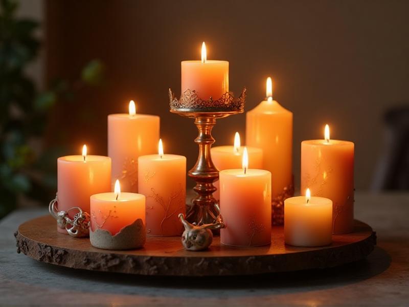 A collection of candles in various sizes and shapes, arranged on a wooden tray with a metal candleholder. The warm glow of the candles creates a soothing and romantic ambiance, perfect for a Feng Shui-inspired space.