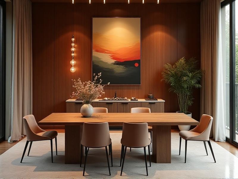 A modern dining room with a wooden table, metal chairs, a ceramic vase with fresh flowers, and a small water feature on the sideboard. The room features a balanced mix of colors and materials representing the five elements of Feng Shui, creating a harmonious and inviting space.