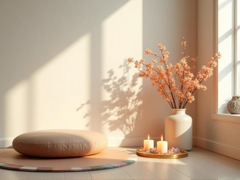 A serene meditation corner with a soft yoga mat, a round meditation cushion, and a small altar featuring candles, crystals, and a vase of fresh flowers, all bathed in warm, natural light from a nearby window.