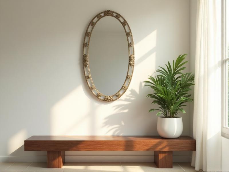 A minimalist entryway with a sleek wooden bench, a potted plant, and a mirror reflecting natural light, creating a welcoming and clutter-free environment.