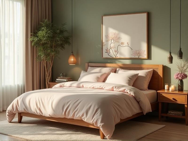 A tranquil bedroom designed with Feng Shui principles, featuring a comfortable bed with soft linens, soothing colors, and minimal clutter. The room is softly lit with natural light, creating a peaceful atmosphere conducive to rest and rejuvenation.