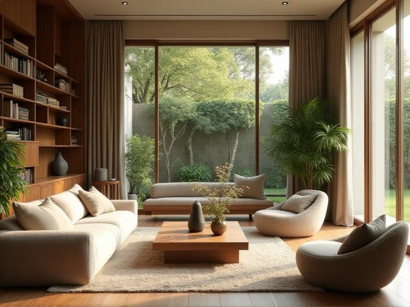 A serene living room with a balanced arrangement of furniture, plants, and natural light, showcasing the principles of Feng Shui. The room features earthy tones, soft textures, and a flowing layout that encourages positive energy.