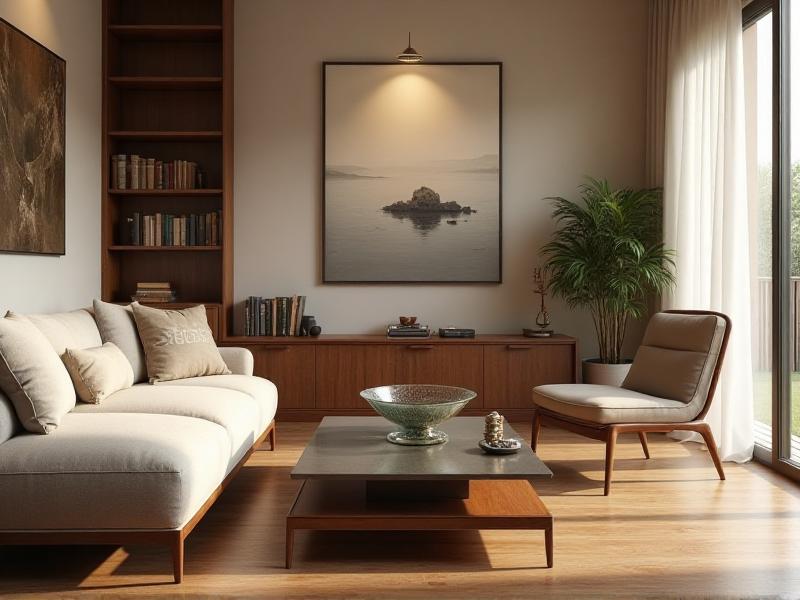 A serene living room with a balanced arrangement of furniture, natural light streaming through large windows, and a mix of wood and metal elements creating a harmonious atmosphere. The room features a central coffee table with a bowl of water, symbolizing the five elements of Feng Shui.