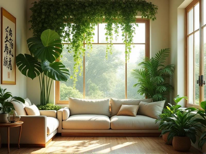 A serene living room with lush green plants arranged according to Feng Shui principles. The room features a large Monstera plant in the corner, a Peace Lily on a wooden side table, and a hanging Pothos near a window. Natural light floods the space, creating a warm and inviting atmosphere.