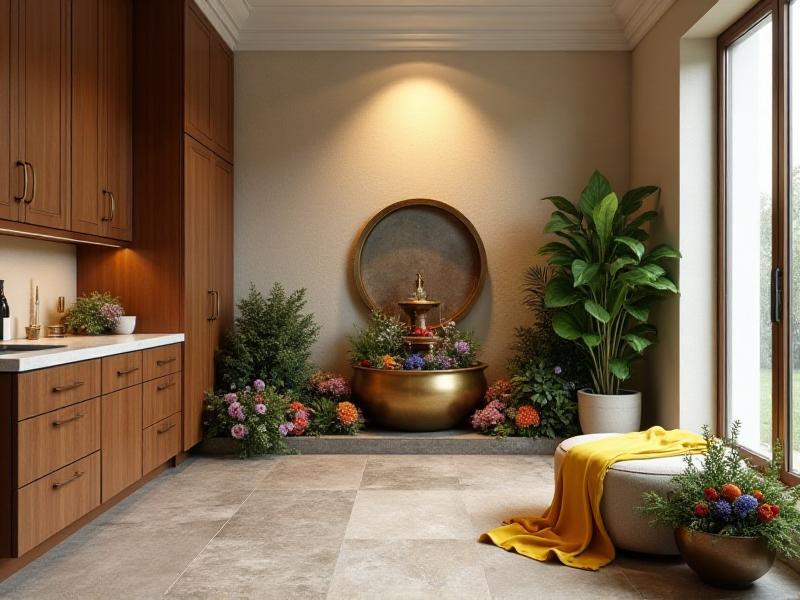 A clean and balanced Health area in a home, featuring a small water fountain surrounded by fresh flowers and a bowl of vibrant fruit. The space is decorated in earthy tones, with a yellow throw blanket and brown wooden accents. The natural light and open layout create a refreshing and rejuvenating atmosphere.