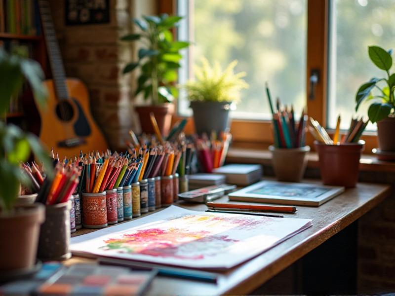 An inspiring Creativity area in a home, featuring a desk filled with art supplies, a guitar leaning against the wall, and a vision board covered in colorful sketches and notes. The walls are painted in a soft white, and metallic accents add a modern touch. The space is well-lit, creating an environment that encourages innovation and self-expression.