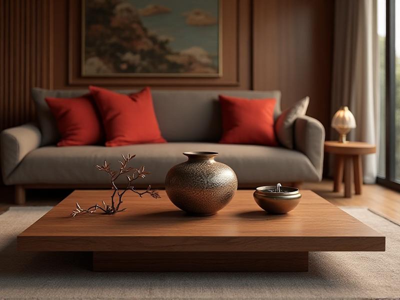 A beautifully arranged living room showcasing the five Feng Shui elements: a wooden coffee table, a red throw pillow representing Fire, a ceramic vase symbolizing Earth, a metal sculpture, and a small water fountain. The space is balanced and harmonious, with each element complementing the others to create a sense of peace and connection.