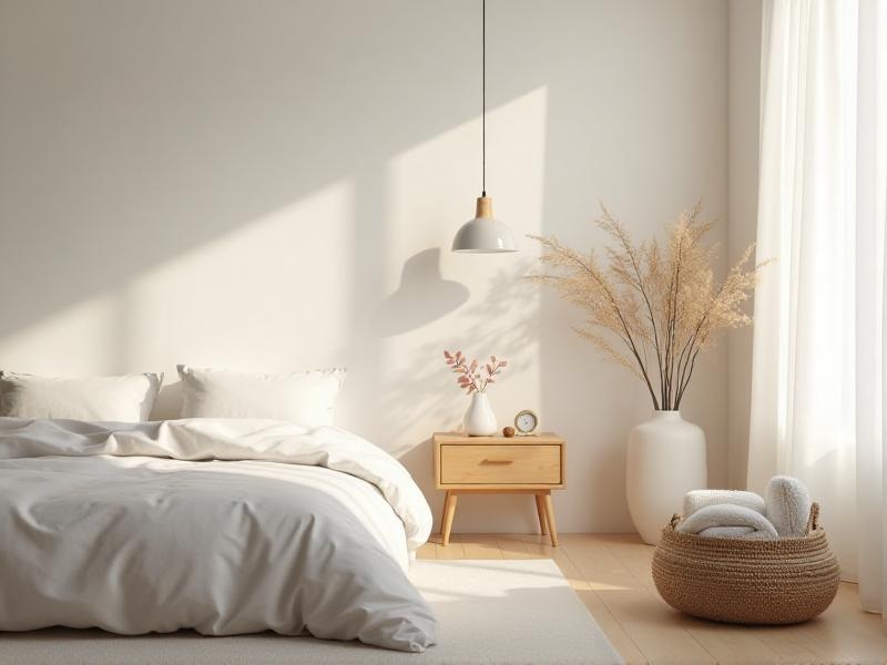 A minimalist bedroom with a neatly made bed, a small wooden nightstand, and a few carefully chosen decor items. The room is bathed in soft, natural light, creating a calm and serene environment. A woven basket sits in the corner, holding a few folded blankets, symbolizing the importance of organization and simplicity in promoting positive energy flow.