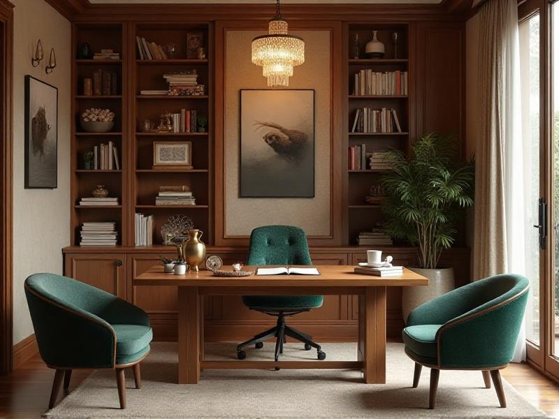 A home office with a wooden desk and a room divider separating the workspace from a cozy reading nook. The room features earthy tones, natural materials, and soft lighting, creating a harmonious balance between work and personal life.