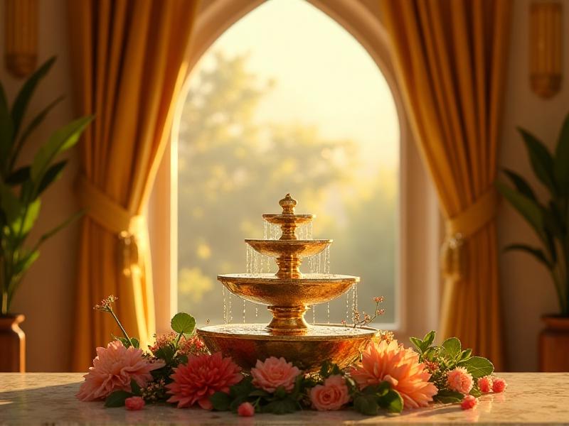 A small, elegant tabletop fountain placed in the southeast corner of a room, surrounded by gold-colored decor and fresh flowers. The gentle sound of flowing water creates a calming and prosperous atmosphere, enhancing the wealth energy in the space.