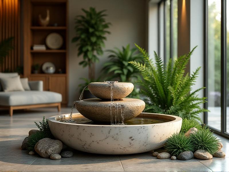 A modern indoor fountain with smooth, flowing water, placed in the corner of a well-lit living room. The fountain is surrounded by natural stones and greenery, creating a balanced and harmonious energy flow in the space.