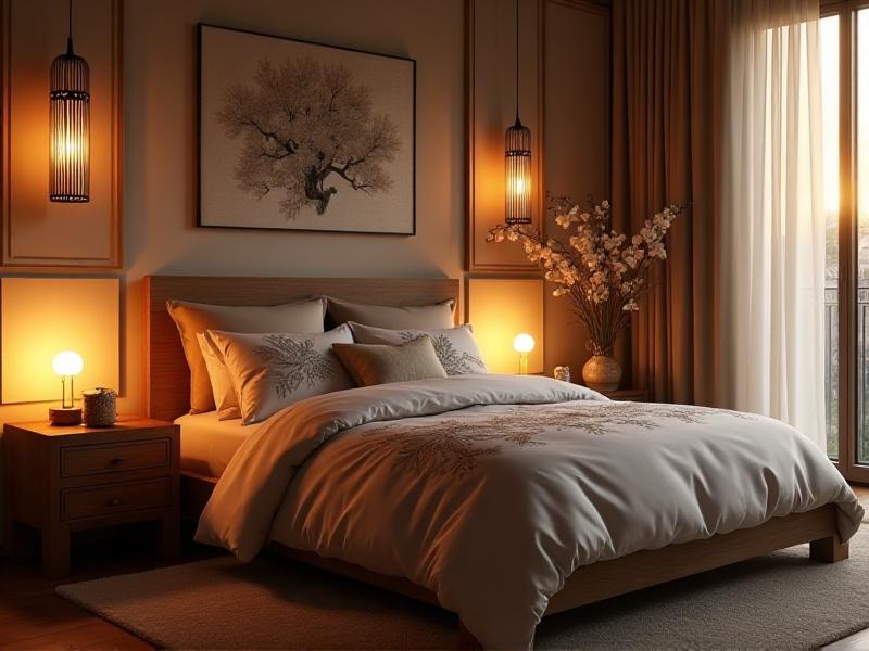 A bedroom with soft lighting, a mix of textures in bedding, and a balanced arrangement of furniture, demonstrating the harmony of yin and yang energies in Feng Shui.