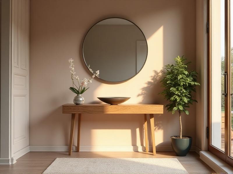 A welcoming entryway with a small wooden console table, a mirror hanging above it, and a potted plant on the floor. The space is well-lit, with natural light streaming in from a nearby window. A few carefully chosen decor items, such as a vase of fresh flowers and a small bowl for keys, add a touch of warmth and personality, creating a harmonious and inviting atmosphere.