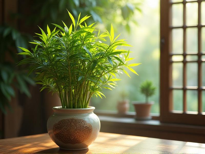 A lush green bamboo plant in a ceramic pot, placed on a wooden table near a window. Sunlight filters through the leaves, casting soft shadows on the table. The plant's tall, slender stalks sway gently in the breeze, symbolizing resilience and growth.