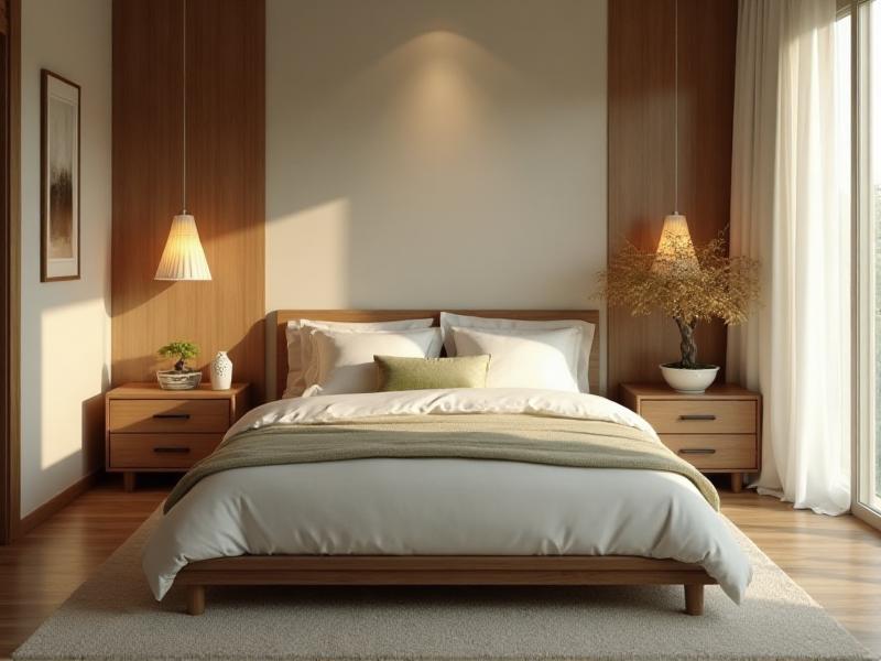 A peaceful bedroom designed with Feng Shui principles, featuring a bed in the command position, soft lighting, and calming neutral tones. A small plant sits on the nightstand, adding a touch of nature to the space.